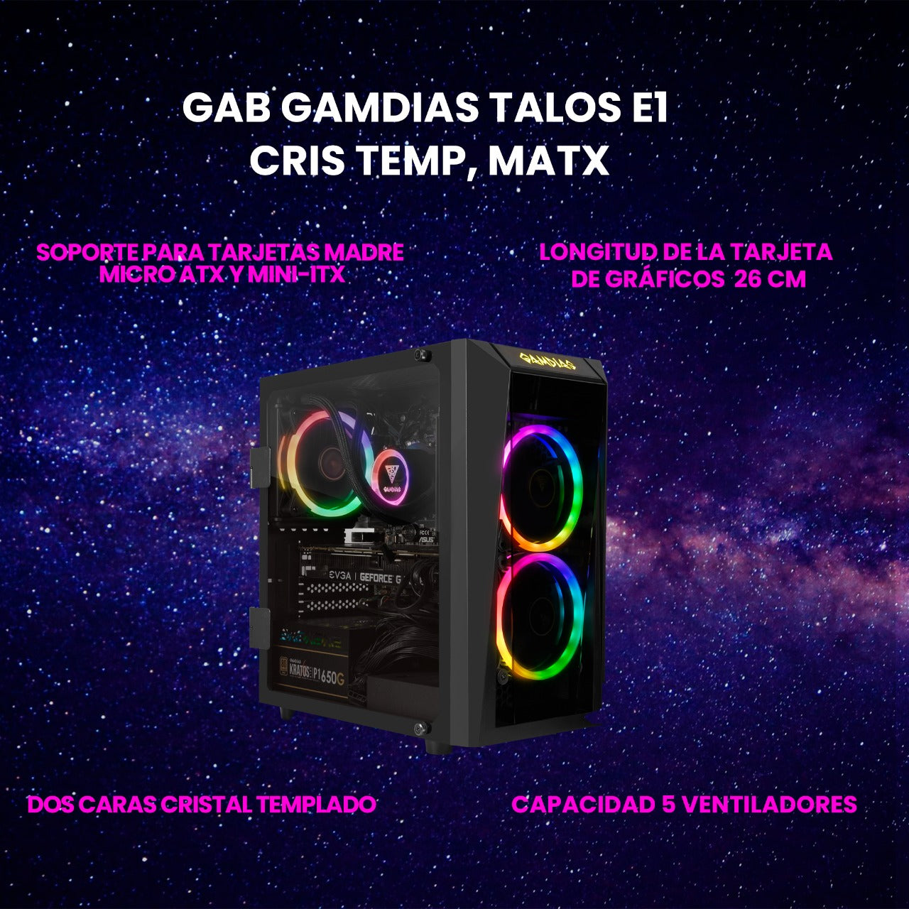 GABINETE GAMER GAMDIAS TALOS E1 CRIS TEMP, MATX