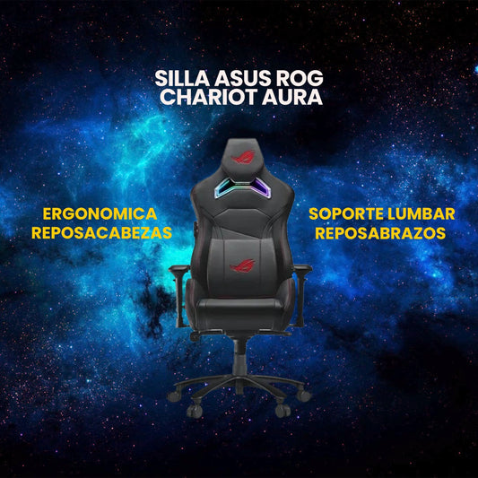 SILLA ASUS ROG CHARIOT AURA RGB ERGONOMICA REPOSACABEZAS AJUSTABLE SOPORTE LUMBAR REPOSABRAZOS 4D IN